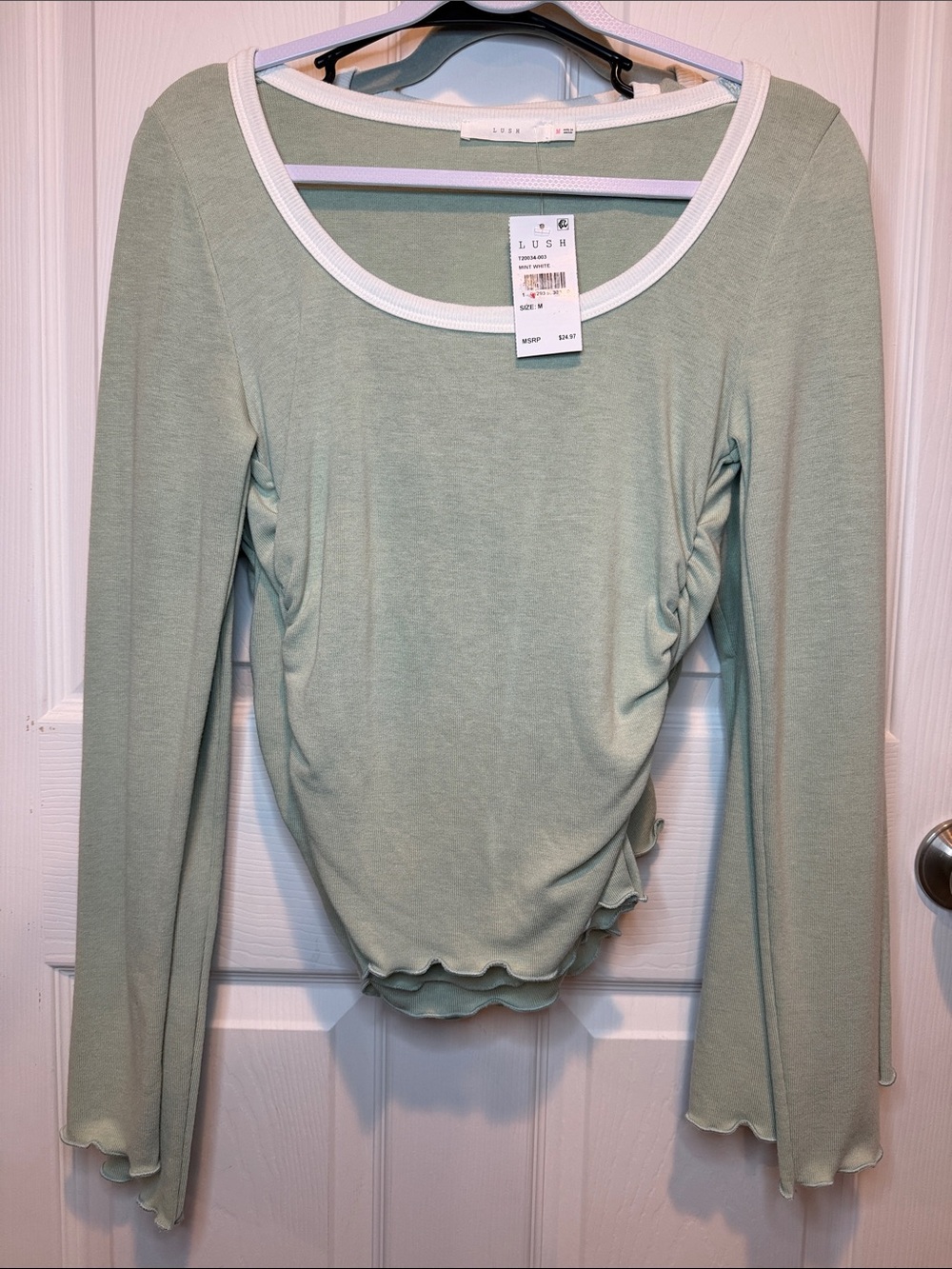 Lush Sage Green Long Sleeve Scoop Neck Ruched Top